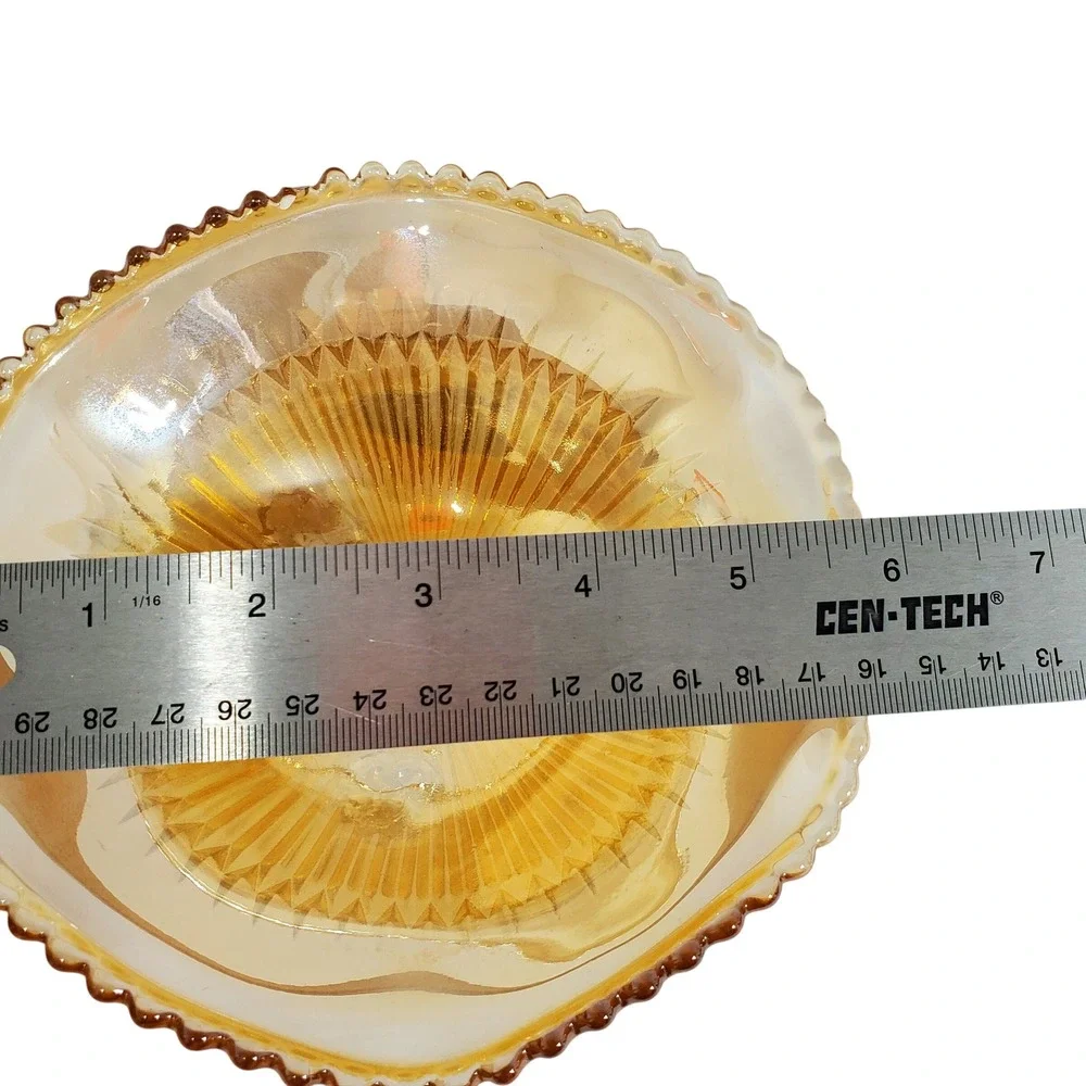 Indiana Glass Marigold Carnival Glass Footed Bowl Amber‎ Iridescent Sawtooth Rim